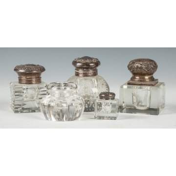 Five Cut Glass & Sterling Silver Inkwells