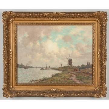 Victor Bruguirolles (French, 1869-1936) Canal Scene with Windmill