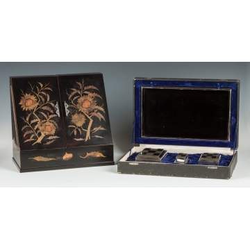 Japanese Lacquered Desk Unit & Lacquered & Silver Smoking Set