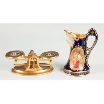 French Gilded Brass & Enameled Scales & Vienna Hand Painted Pitcher
