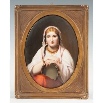 German Painting on Porcelain of Middle Eastern Lady with Tambourine