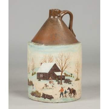 Stoneware Jug with Painted Cabin Scene