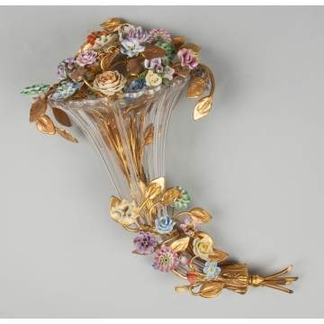 Cut Glass & Gilt Metal Cornucopia with Enameled Flowers