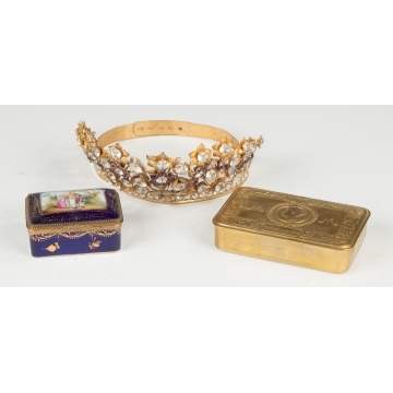 Brass Box, Jeweled Tiara & Enameled Box