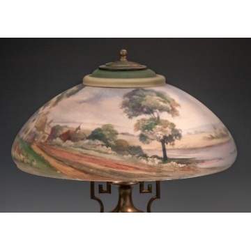 Reverse Painted Pairpoint Lamp with Lake Scene, Cottage & Church