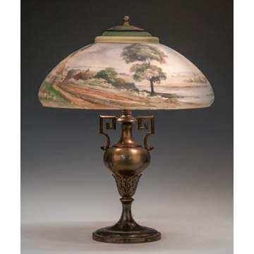 Reverse Painted Pairpoint Lamp with Lake Scene, Cottage & Church