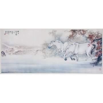 Ou Haonian (Chinese, born 1935) Monumental Watercolor of Horses in Landscape