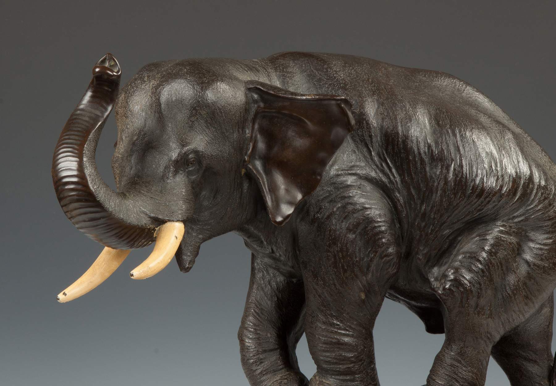 Signed Genryusai Seiya Japanese Bronze Elephant on Carved Naturalistic