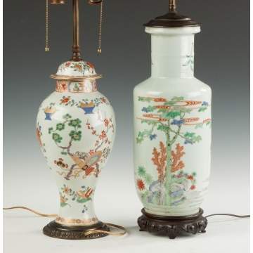 Two Asian Painted Porcelain Lamp Bases