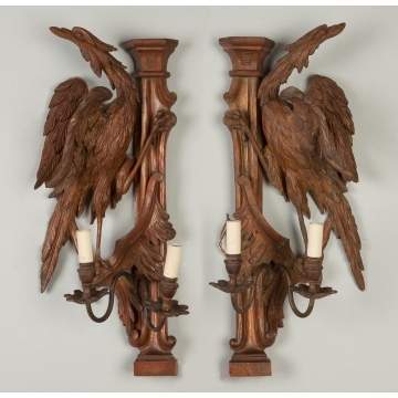 Continental Carved Wood Phoenix Bird Wall Sconces