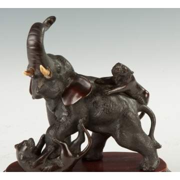 Japanese Patinaed Bronze Elephant with Tigers