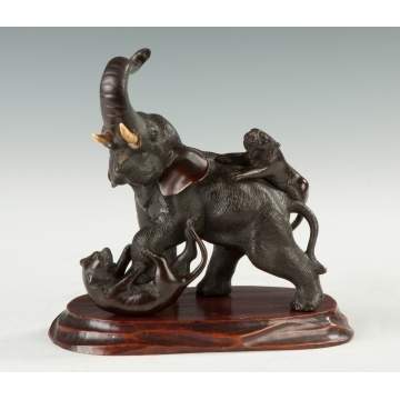Japanese Patinaed Bronze Elephant with Tigers