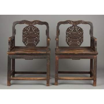 Pair of Chinese Carved Mortise & Tenon Arm Chairs