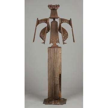 Albert Leon Wilson (Rochester, NY, 1920-1999) Cut Steel Stylized Owl on Wood Base