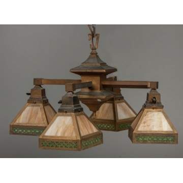 Arts & Crafts Brass & Stained Glass 4-Light Hanging Fixture, Probably Bradley & Hubbard