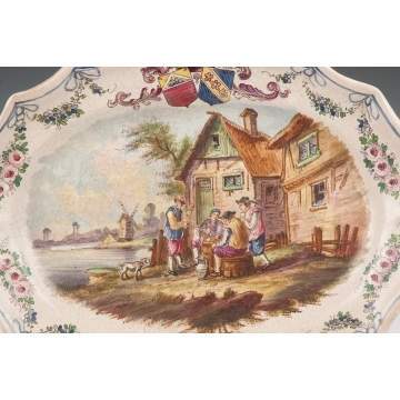 Glazed Pottery Platter with Hand Painted Tavern Scene