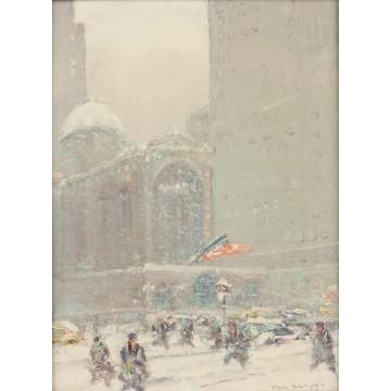 Johann Berthelsen (American, 1883-1972) New York City Street Scene with American Flags