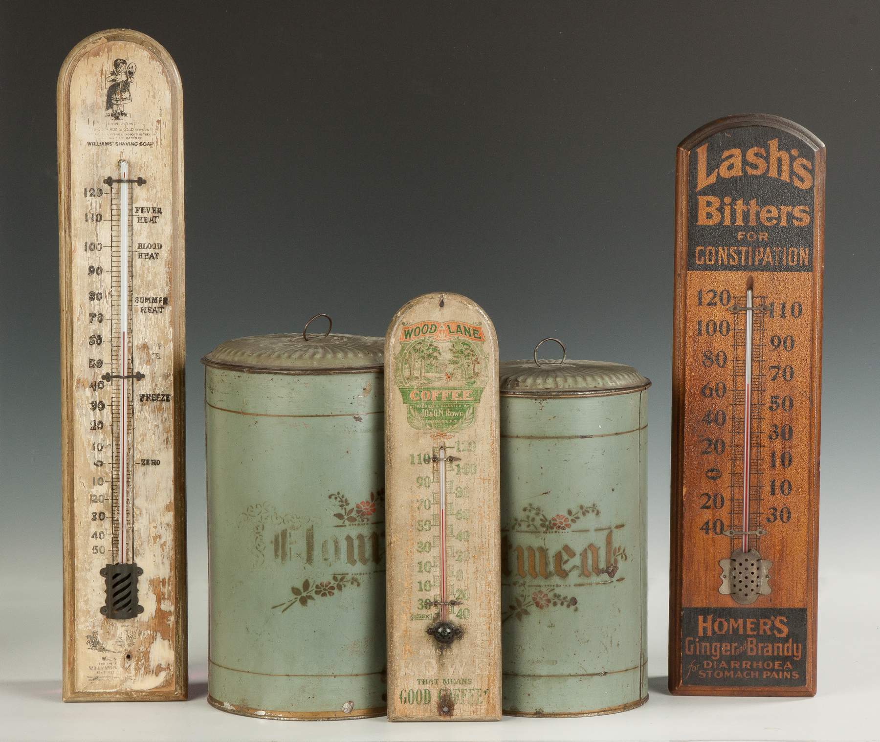 Three Vintage Advertising Thermometers & Two Painted Tins Cottone