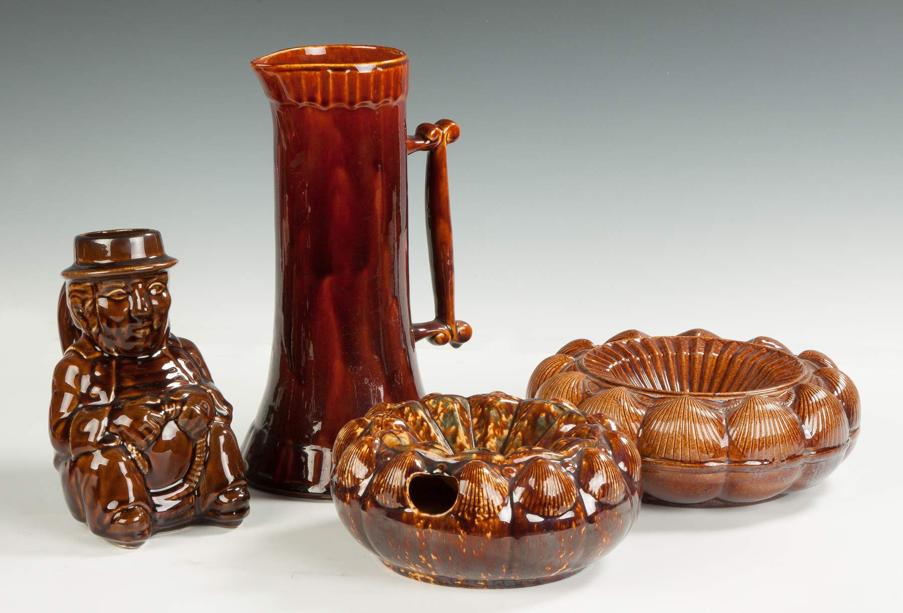 Two Rockingham Type Toby & Pitcher, Bennington Shell Design Spitoon ...