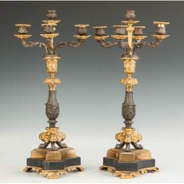 French Patinaed Metal & Marble Candelabras