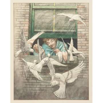 Kyra (Gaither) Markham (American, 1891-1967) Girl at window feeding birds