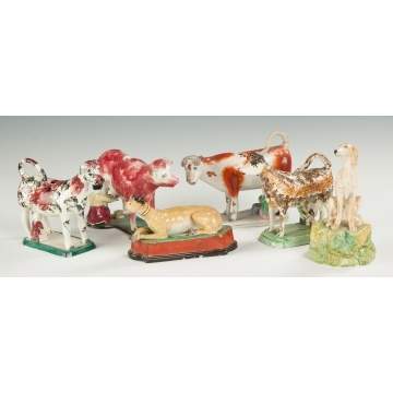 Group of Various Staffordshire & Prattware Cow Creamers, Whippit & Seated Hound