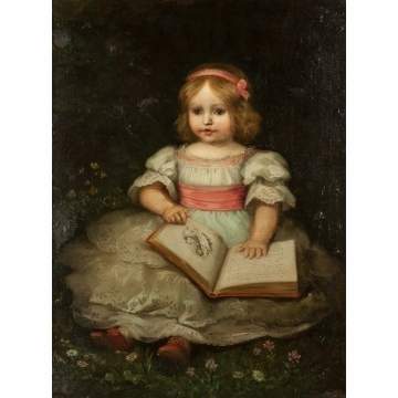 Portrait of a Young girl with dress & pink ribbon reading a book