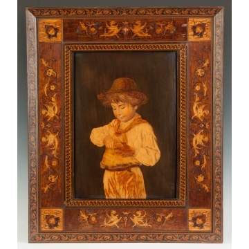 Marquetry of a Young Boy with an Apple