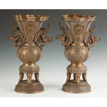Pair of Asian Bronze Vases with Dragons