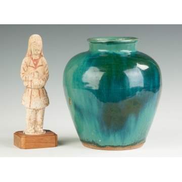 Chinese Sculpture of a Tang Soldier and a Turquoise Glazed Vase