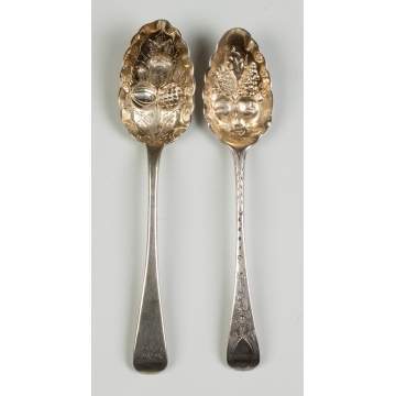 Two English Sterling Silver Serving Repousse Berry Spoons