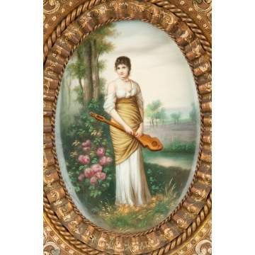 Painting on Porcelain of a Young Lady with Lute