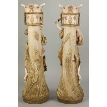 Pair of Royal Dux Floor Vases with Art Nouveau Women & Flowers