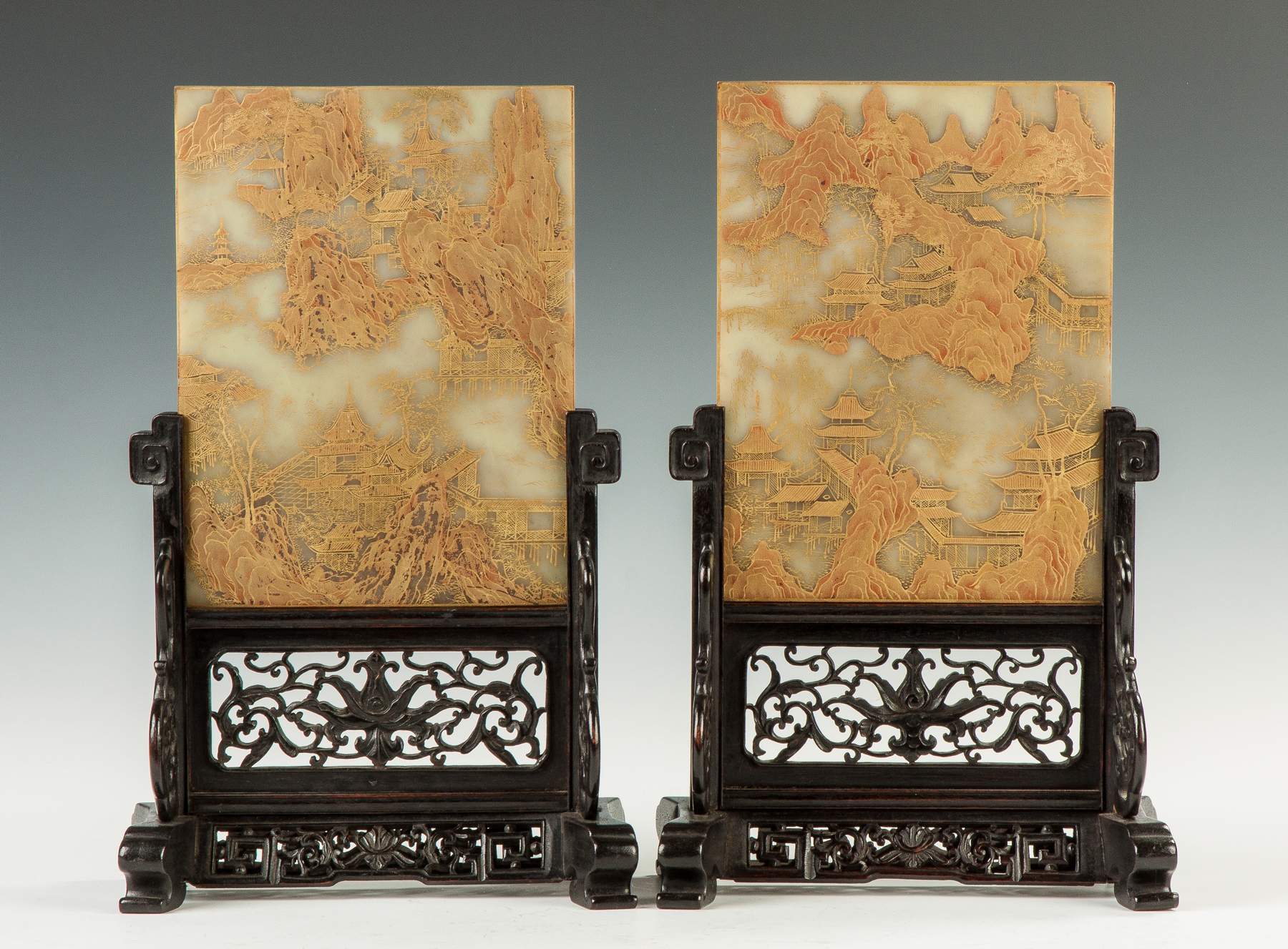 A Fine Pair of Chinese Gold Leaf and Painted Jade Table Screens