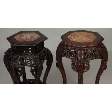 Two Similar Chinese Carved Hardwood Stands with Soapstone Top