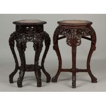 Two Similar Chinese Carved Hardwood Stands with Soapstone Top