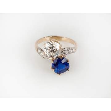 Kashmir Sapphire and Diamond Ladies Vintage Ring, Platinum and Gold Setting