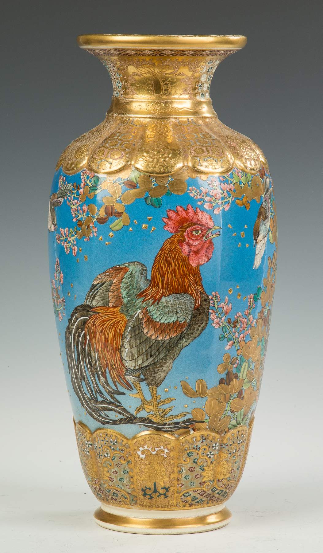 Japanese Satsuma Vase with Rooster, Chickens, Birds and Floral