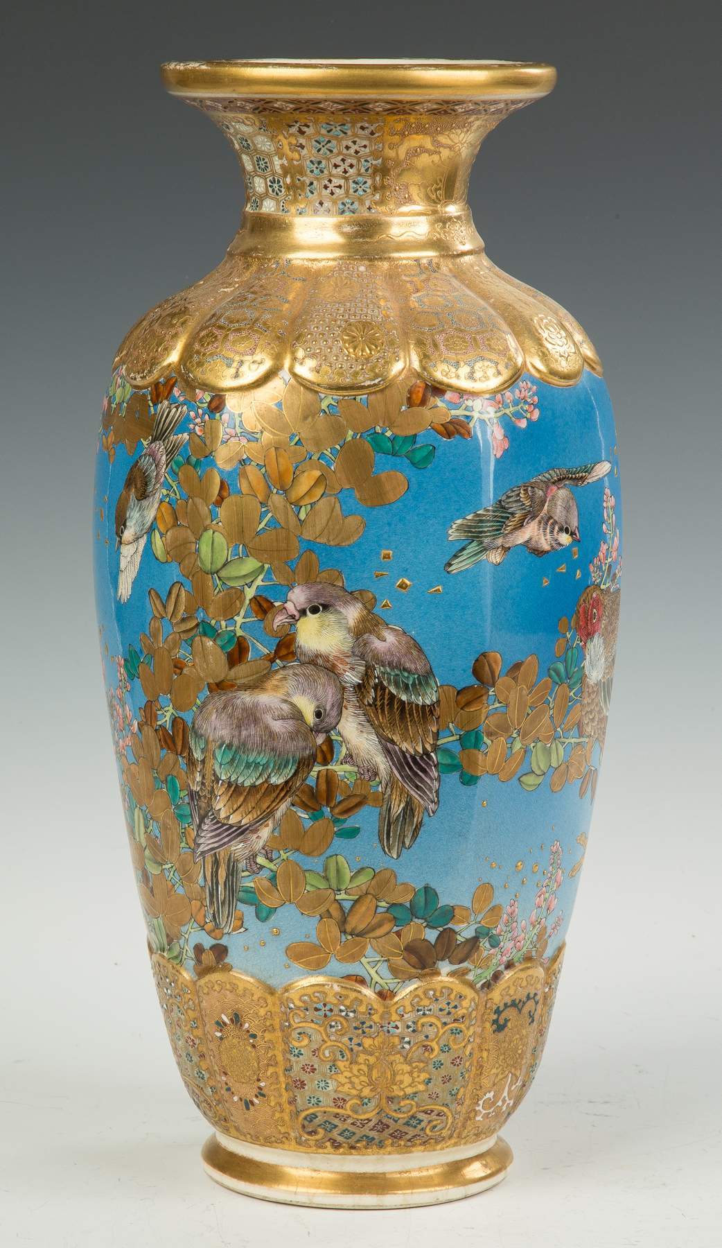 Japanese Satsuma Vase with Rooster, Chickens, Birds and Floral