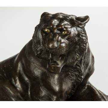 Japanese Signed Bronze Tiger on a Wood Base