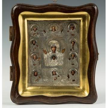 Russian Icon, Patinaed Metal and Hand Painted