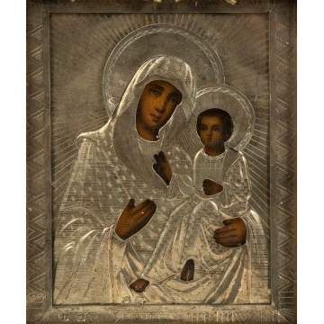 Russian Icon, Patinaed Metal and Hand Painted