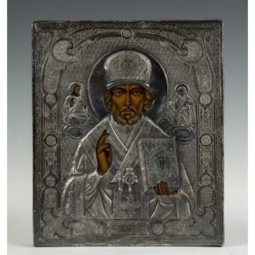 Russian Icon, Patinaed Metal and Hand Painted