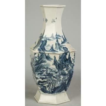 Asian Porcelain Floor Vase with Village & Mountain Landscape
