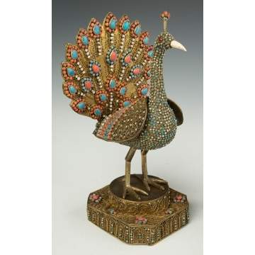 Gilded Metal, Jeweled Turquoise and Coral Birds and Ewer