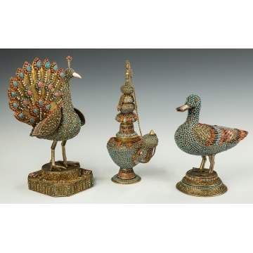 Gilded Metal, Jeweled Turquoise and Coral Birds and Ewer