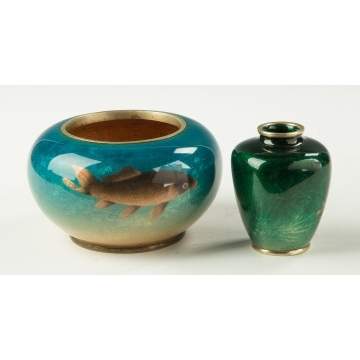 Japanese Cloisonne Enameled Bowl and Vase Decorated with Koi