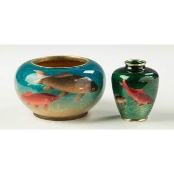 Japanese Cloisonne Enameled Bowl and Vase Decorated with Koi