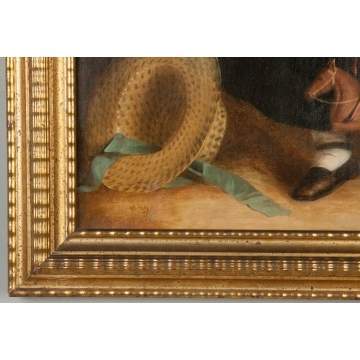 Portrait of Young Girl with Hat and Horse Ride Toy