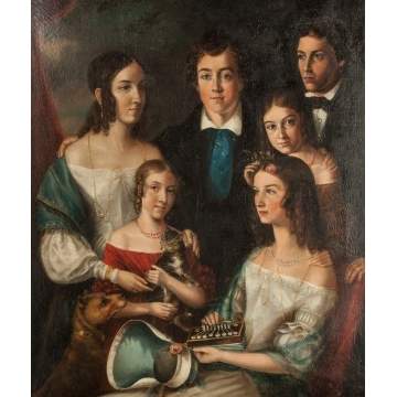 Portrait of a Six Young People with Cat, Dog and Musical Instrument